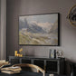Shepherds (Pasterze), c. 1921 by Edward Theodore Compton in a black floater framed canvas featuring a rural alpine setting with shepherds and open terrain, displayed above a desk in a dark home office interior.