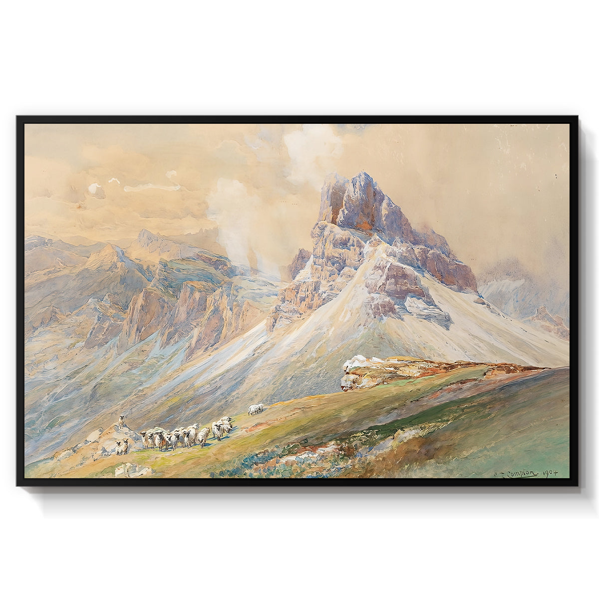 From the Dolomites, 1904 by Edward Theodore Compton in a black floater framed canvas wall art display.