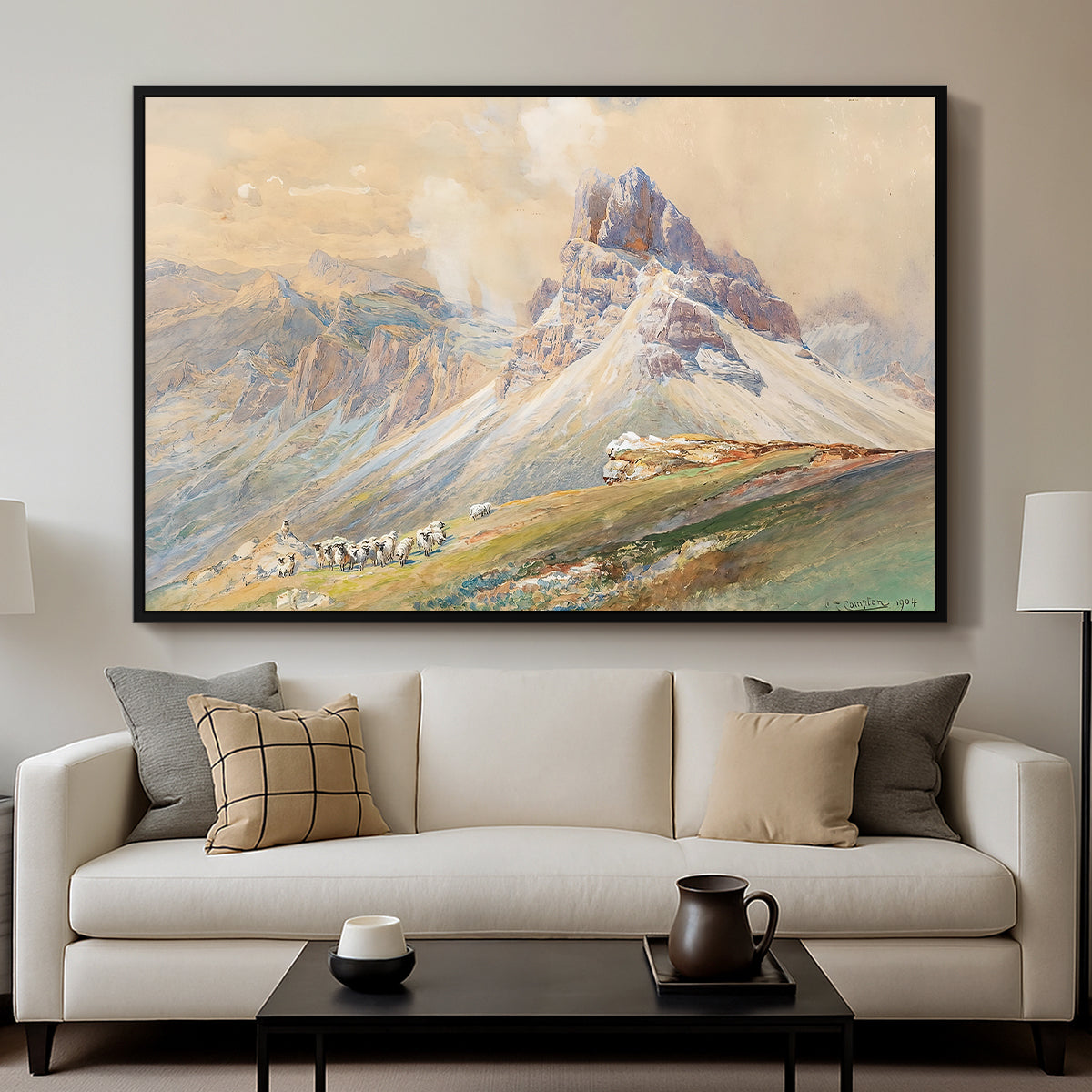 From the Dolomites, 1904 by Edward Theodore Compton displayed in a black floater framed canvas above a sofa in a clean living room.