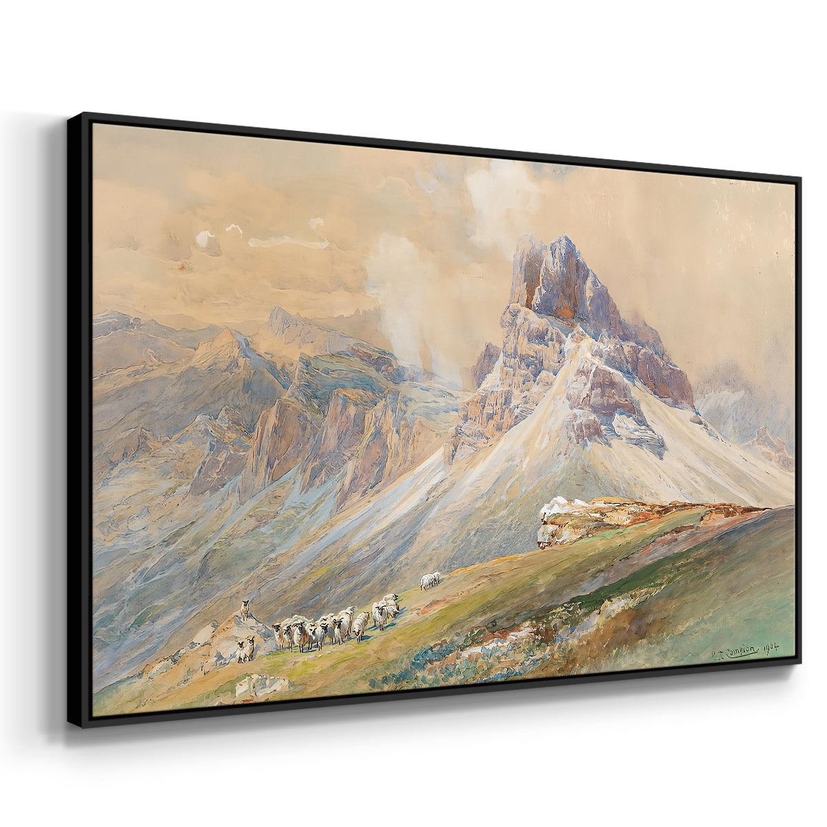 Angled view of From the Dolomites, 1904 by Edward Theodore Compton in a black floater framed canvas.