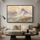From the Dolomites, 1904 by Edward Theodore Compton as a black floater framed canvas featuring dramatic Dolomite mountain peaks rising above rugged terrain, displayed above a sofa in a modern living room.