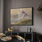 From the Dolomites, 1904 by Edward Theodore Compton in a black floater framed canvas featuring an expansive landscape featuring iconic Dolomite peaks, displayed above a desk in a dark home office interior.