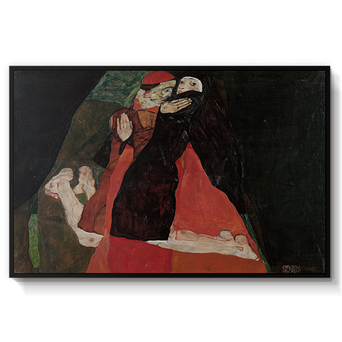 Cardinal and Nun (Caress), 1912 by Egon Schiele in a black floater framed canvas wall art display.