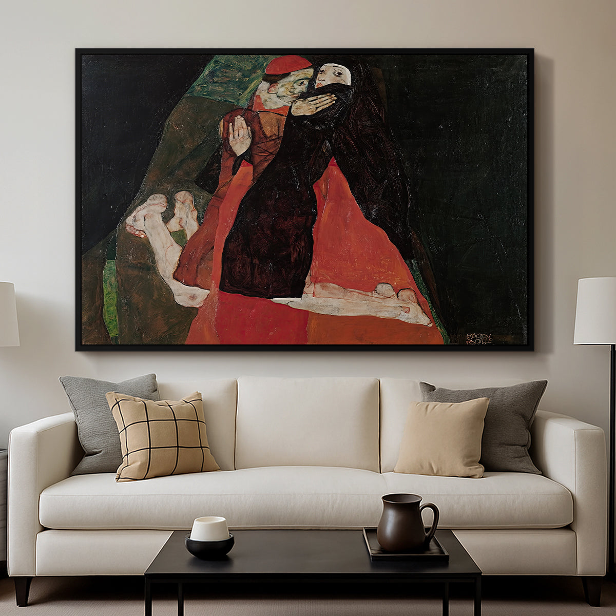 Cardinal and Nun (Caress), 1912 by Egon Schiele displayed in a black floater framed canvas above a sofa in a clean living room.