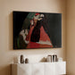 Black floater framed canvas of Cardinal and Nun (Caress), 1912 by Egon Schiele, featuring a cardinal and nun depicted in close emotional interaction above a console cabinet in a minimalist entryway.