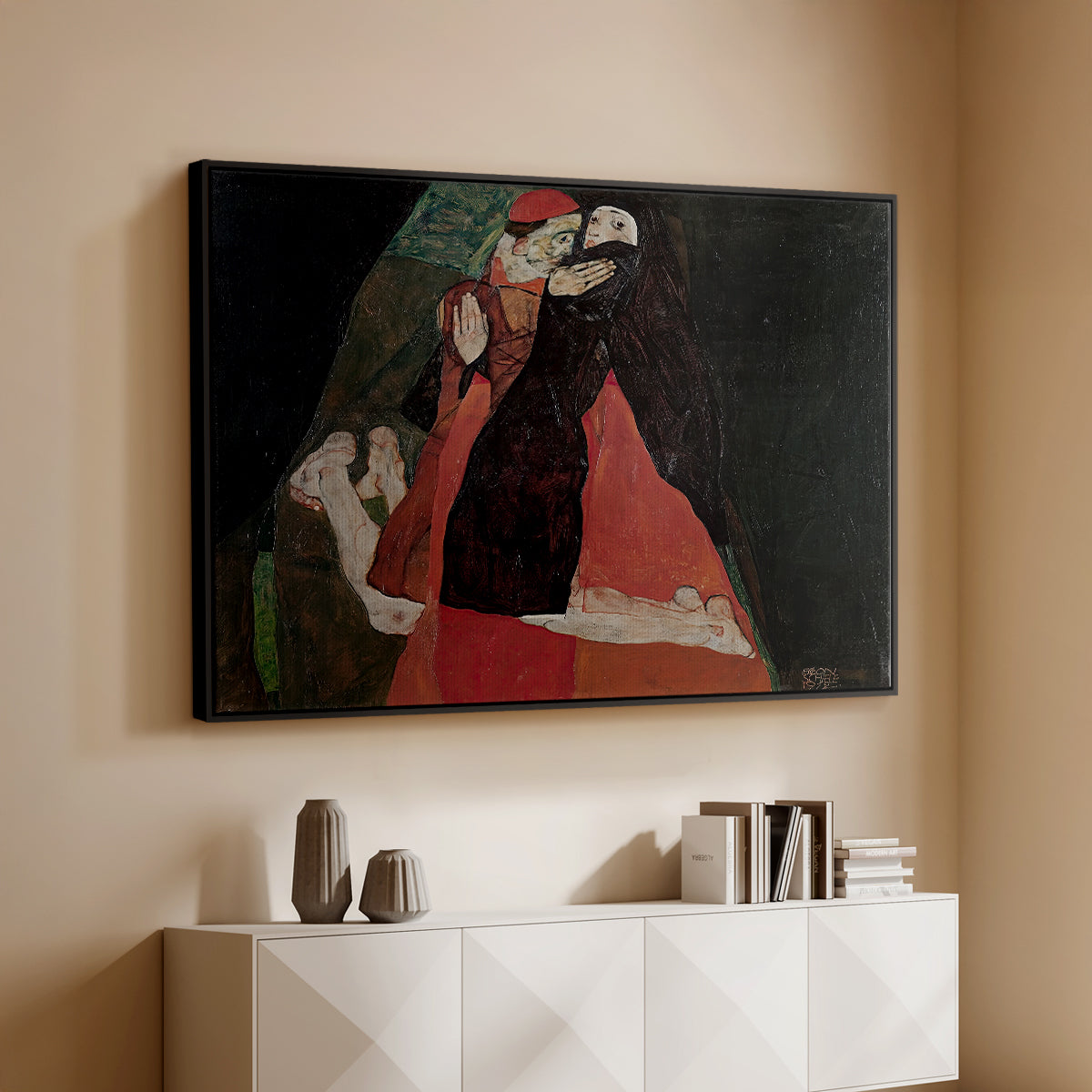 Black floater framed canvas of Cardinal and Nun (Caress), 1912 by Egon Schiele, featuring a cardinal and nun depicted in close emotional interaction above a console cabinet in a minimalist entryway.