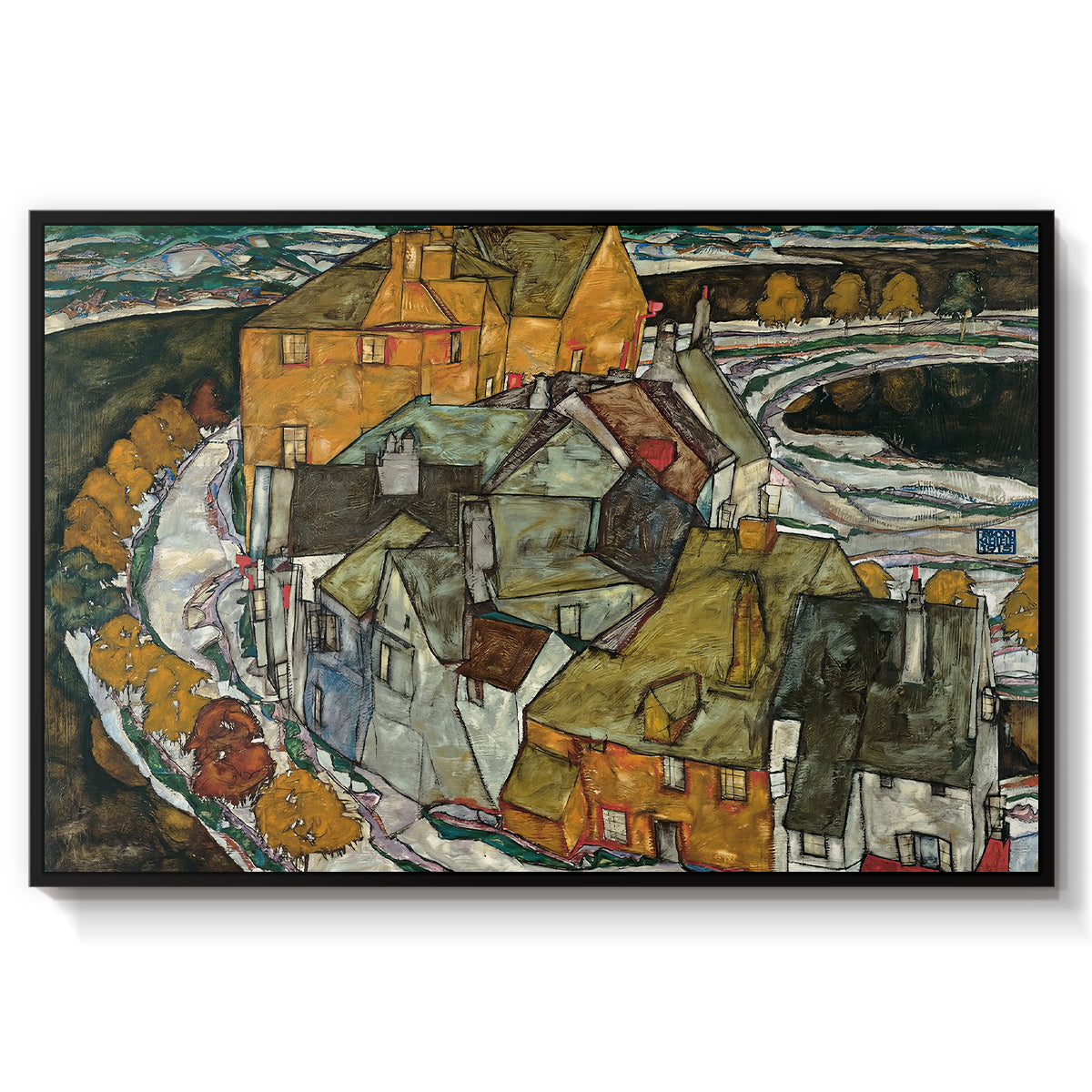Crescent of Houses II (Island Town), 1915 by Egon Schiele in a black floater framed canvas wall art display.