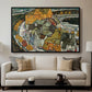 Crescent of Houses II (Island Town), 1915 by Egon Schiele displayed in a black floater framed canvas above a sofa in a clean living room.