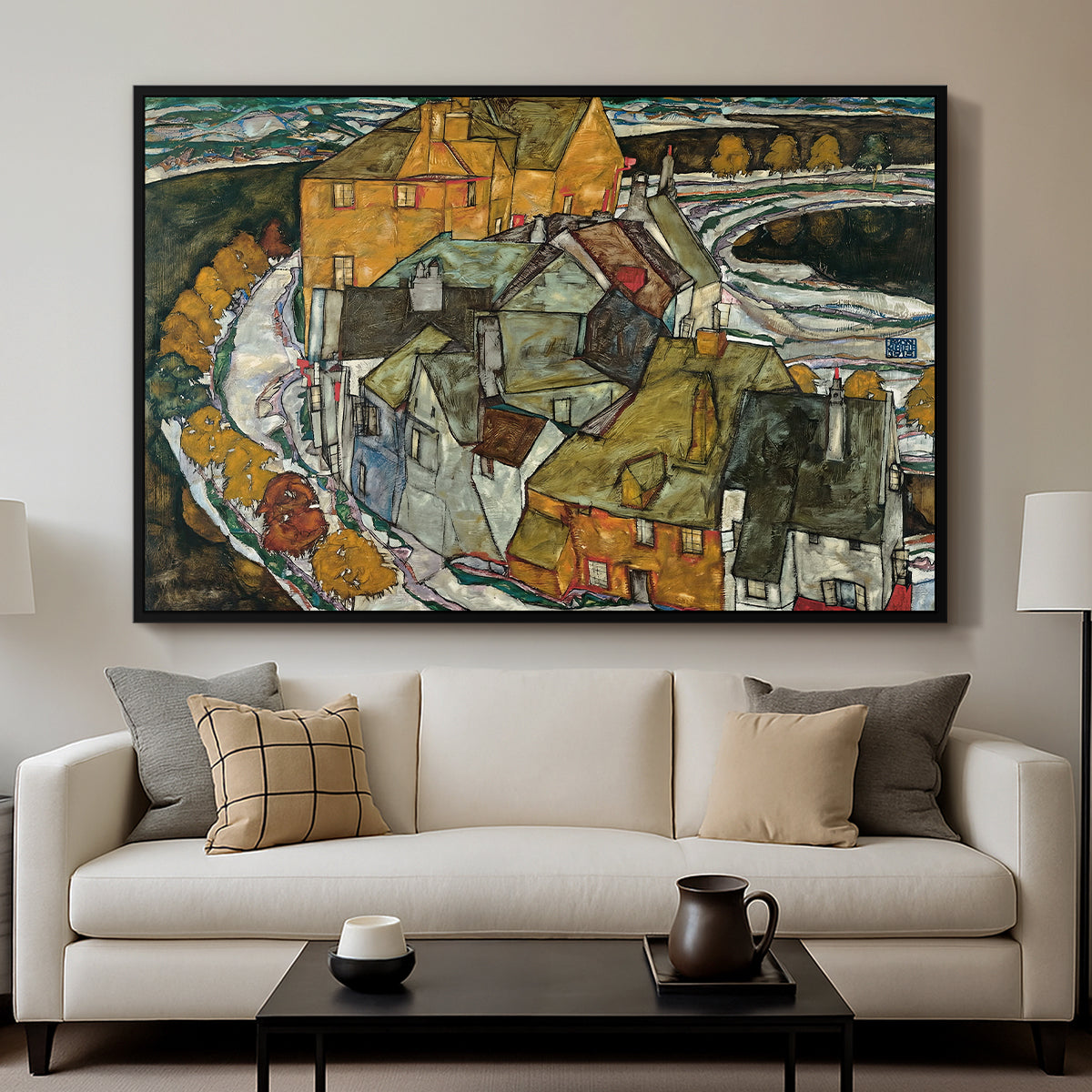 Crescent of Houses II (Island Town), 1915 by Egon Schiele displayed in a black floater framed canvas above a sofa in a clean living room.