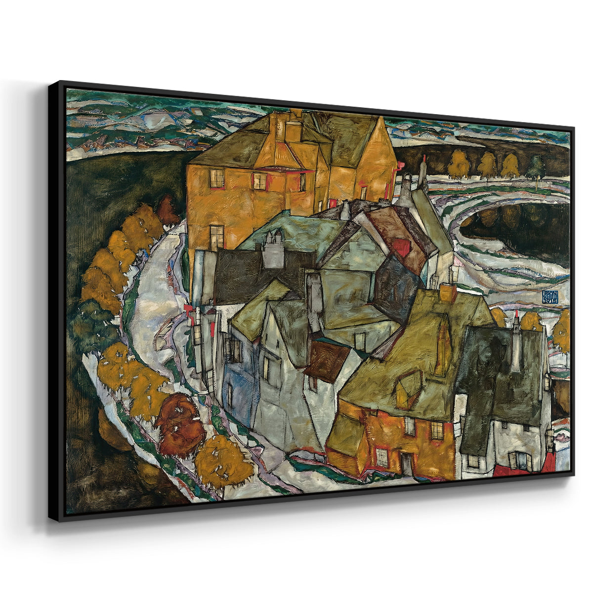 Angled view of Crescent of Houses II (Island Town), 1915 by Egon Schiele in a black floater framed canvas.