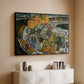 Black floater framed canvas of Crescent of Houses II (Island Town), 1915 by Egon Schiele, featuring a stylized townscape with clustered buildings and bold outlines above a console cabinet in a minimalist entryway.