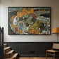 Black floater framed canvas featuring an architectural scene with houses arranged in curved composition, displayed in a hallway near a staircase.