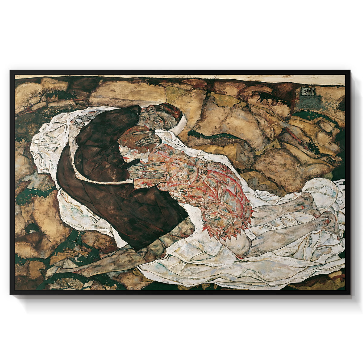 Death and the Maiden, 1915 by Egon Schiele in a black floater framed canvas wall art display.