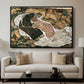 Death and the Maiden, 1915 by Egon Schiele displayed in a black floater framed canvas above a sofa in a clean living room.