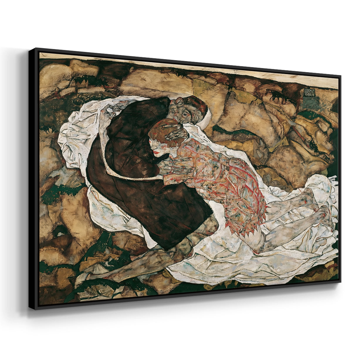 Angled view of Death and the Maiden, 1915 by Egon Schiele in a black floater framed canvas.