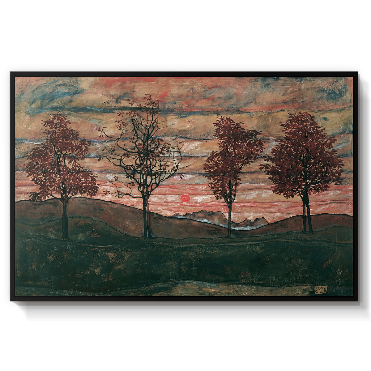 Four Trees, 1917 by Egon Schiele in a black floater framed canvas wall art display.