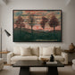 Four Trees, 1917 by Egon Schiele as a black floater framed canvas featuring four trees standing in open landscape against colorful sky, displayed above a sofa in a modern living room.