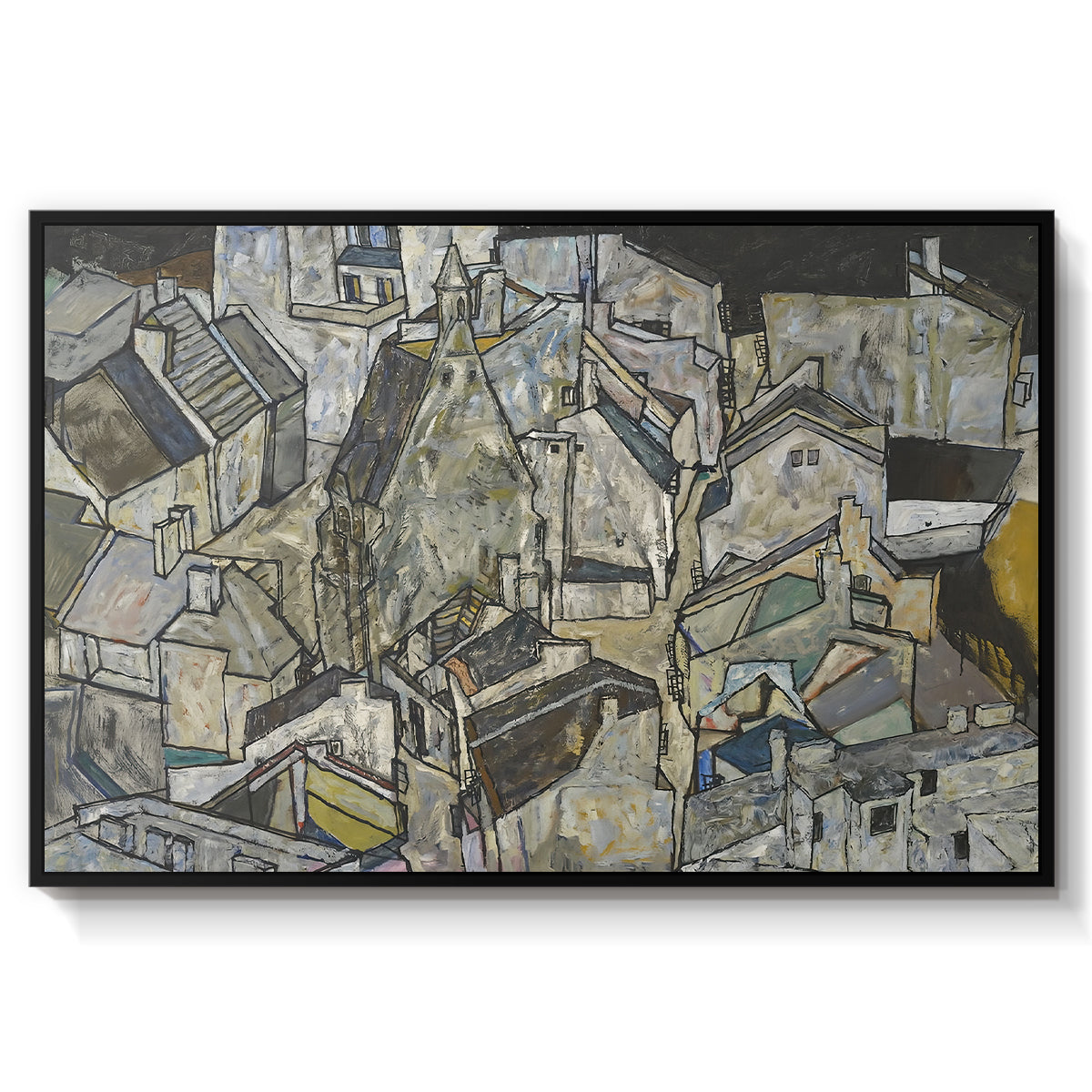 Mödling II, 1918 by Egon Schiele in a black floater framed canvas wall art display.