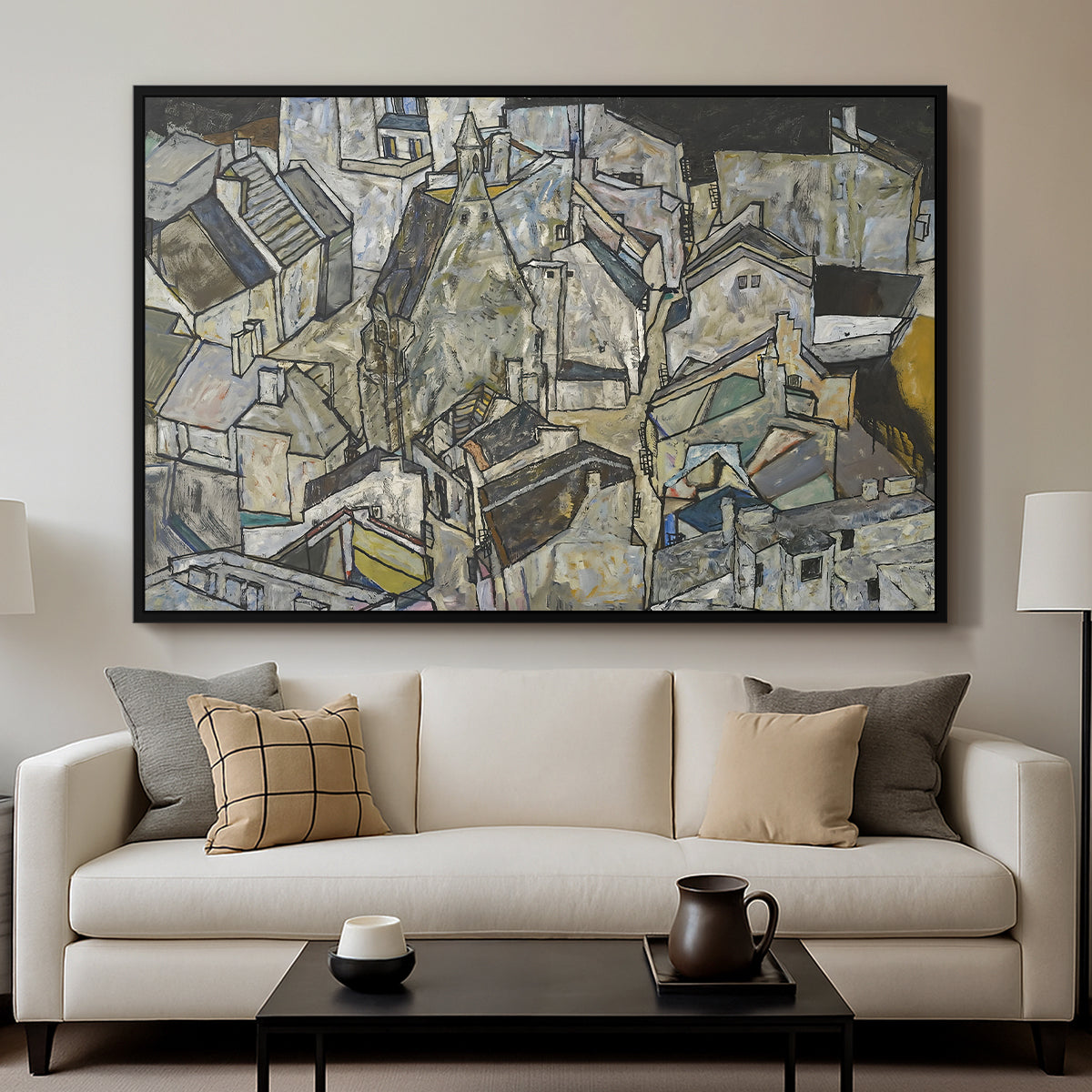 Mödling II, 1918 by Egon Schiele displayed in a black floater framed canvas above a sofa in a clean living room.