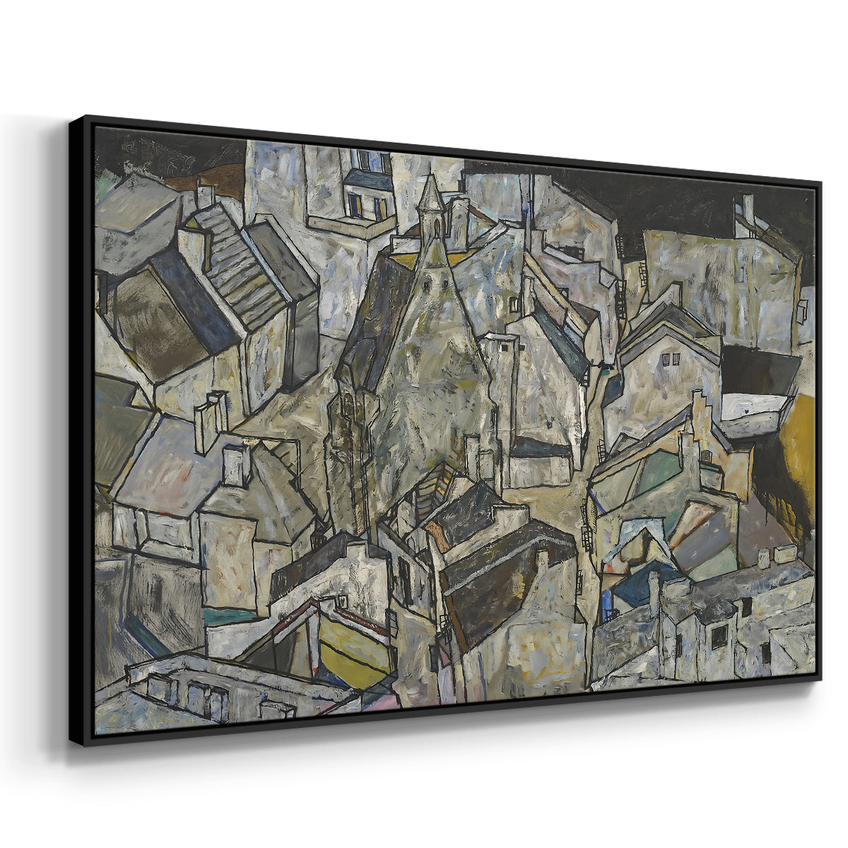 Angled view of Mödling II, 1918 by Egon Schiele in a black floater framed canvas.
