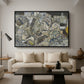 Mödling II, 1918 by Egon Schiele as a black floater framed canvas featuring clustered geometric houses forming dense urban landscape with sharp angles, displayed above a sofa in a modern living room.