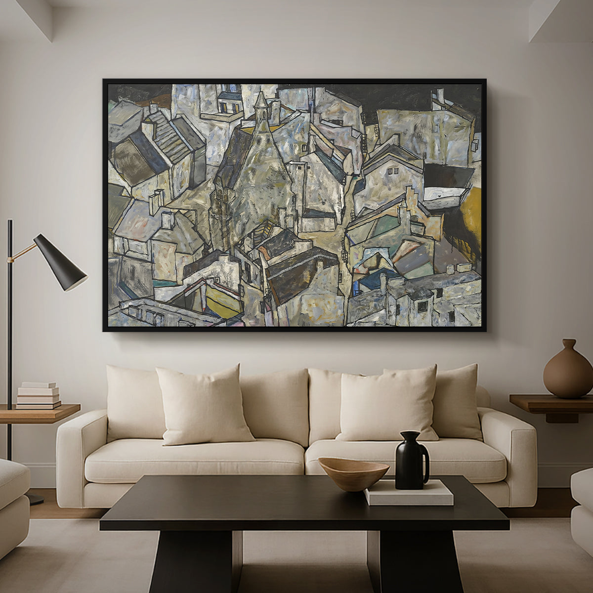 Mödling II, 1918 by Egon Schiele as a black floater framed canvas featuring clustered geometric houses forming dense urban landscape with sharp angles, displayed above a sofa in a modern living room.
