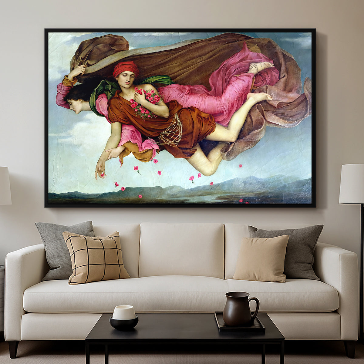Night and Sleep, 1878 by Evelyn De Morgan displayed in a black floater framed canvas above a sofa in a clean living room.
