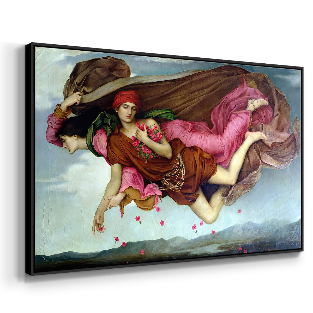 Angled view of Night and Sleep, 1878 by Evelyn De Morgan in a black floater framed canvas.