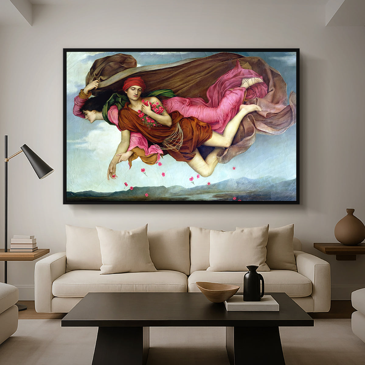 Night and Sleep, 1878 by Evelyn De Morgan as a black floater framed canvas featuring two intertwined female figures floating through dark sky representing night and sleep, displayed above a sofa in a modern living room.