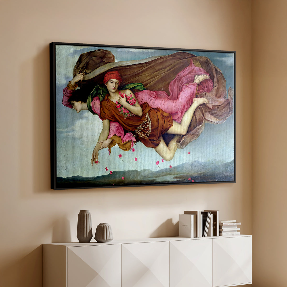 Black floater framed canvas of Night and Sleep, 1878 by Evelyn De Morgan, featuring a symbolic depiction of night and sleep as ethereal figures in motion above a console cabinet in a minimalist entryway.