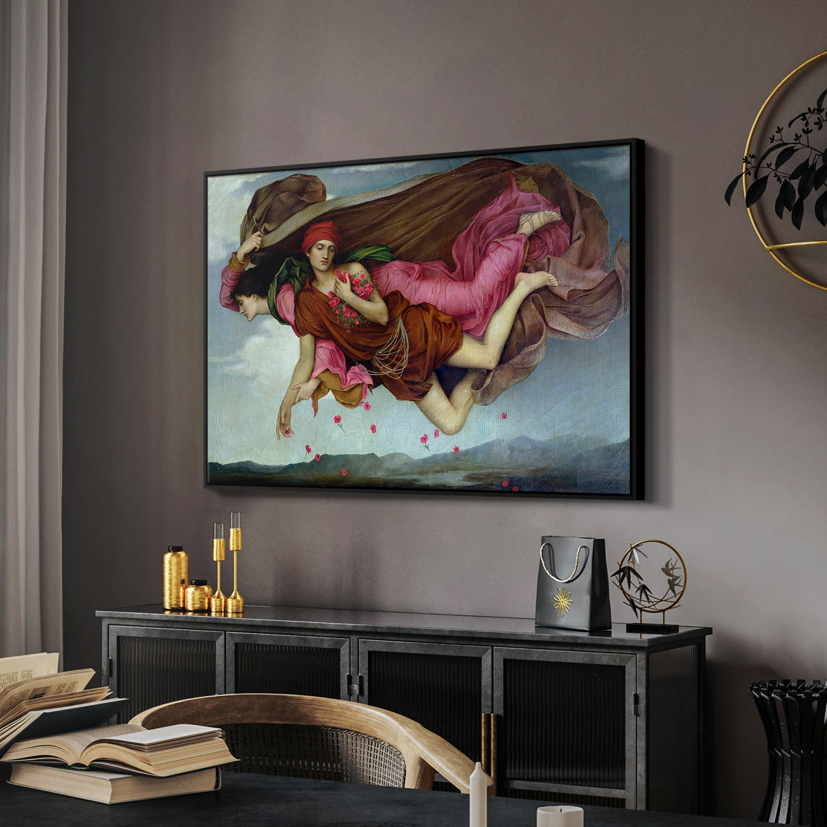 Night and Sleep, 1878 by Evelyn De Morgan in a black floater framed canvas featuring a dreamlike scene with draped figures drifting across dark background, displayed above a desk in a dark home office interior.