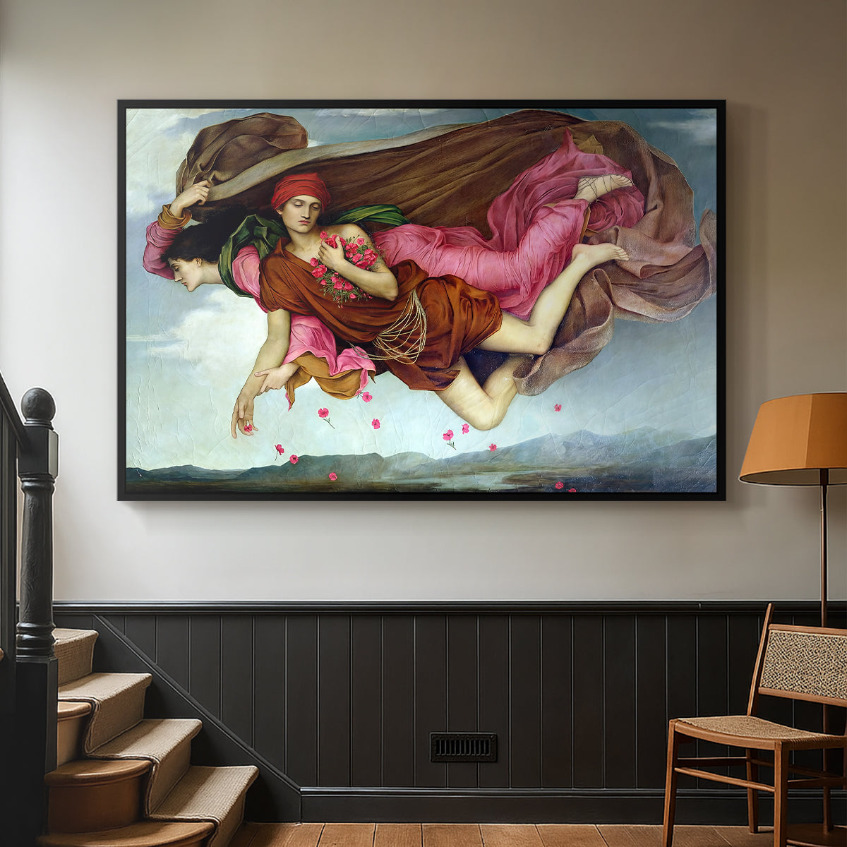 Black floater framed canvas featuring an allegorical painting of intertwined figures in celestial setting, displayed in a hallway near a staircase.