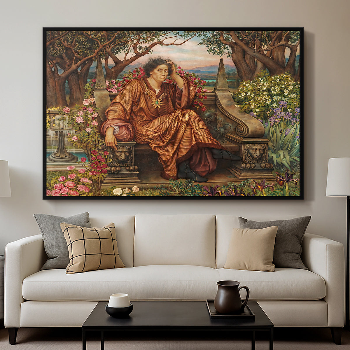 A Soul in Hell, c. 1901-1902 by Evelyn De Morgan displayed in a black floater framed canvas above a sofa in a clean living room.
