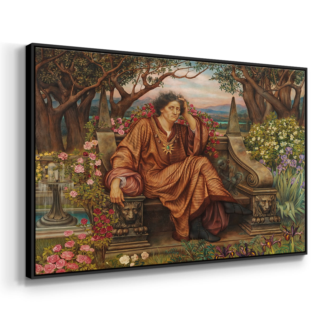Angled view of A Soul in Hell, c. 1901-1902 by Evelyn De Morgan in a black floater framed canvas.