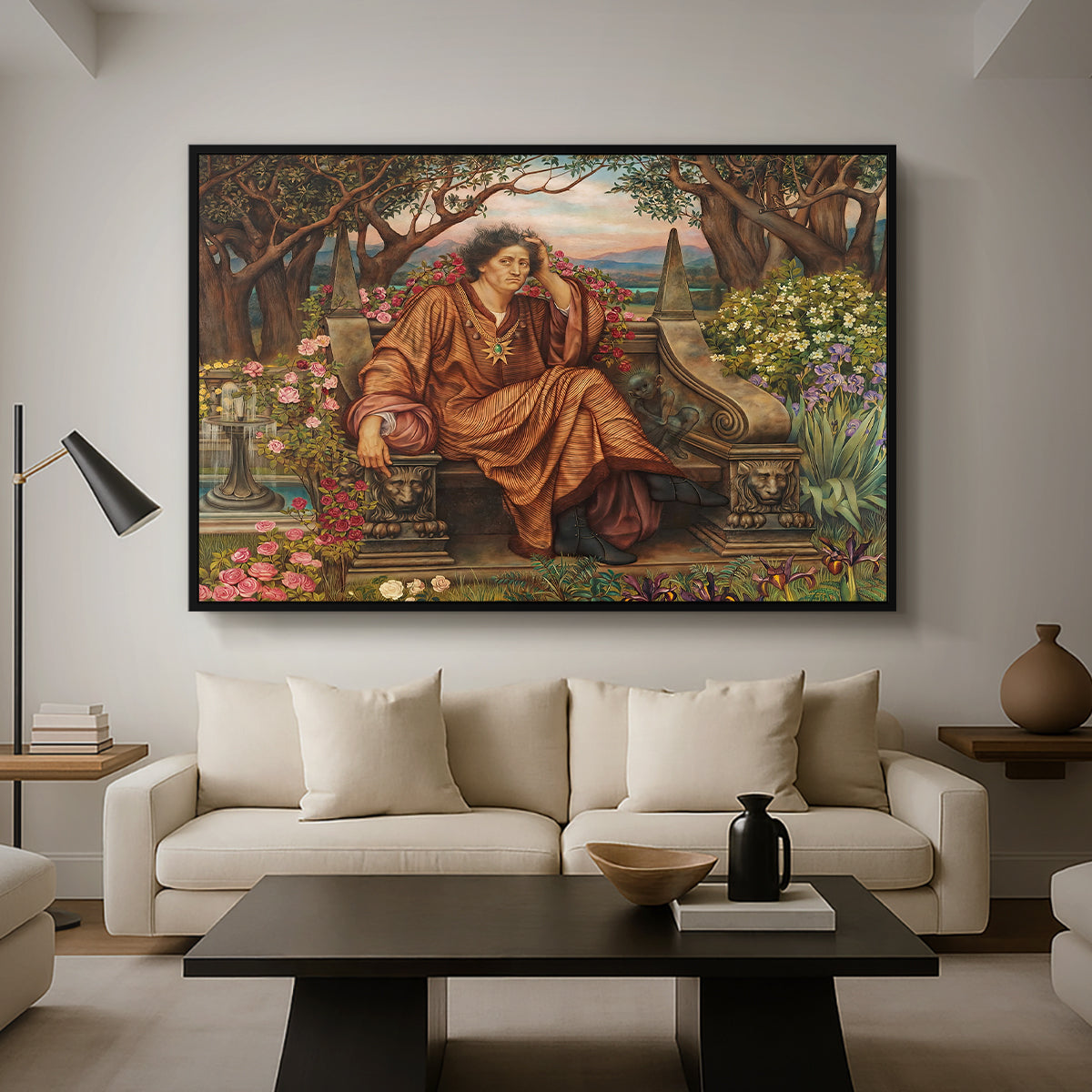 A Soul in Hell, c. 1901-1902 by Evelyn De Morgan as a black floater framed canvas featuring a distressed figure surrounded by flames and torment in symbolic hell scene, displayed above a sofa in a modern living room.