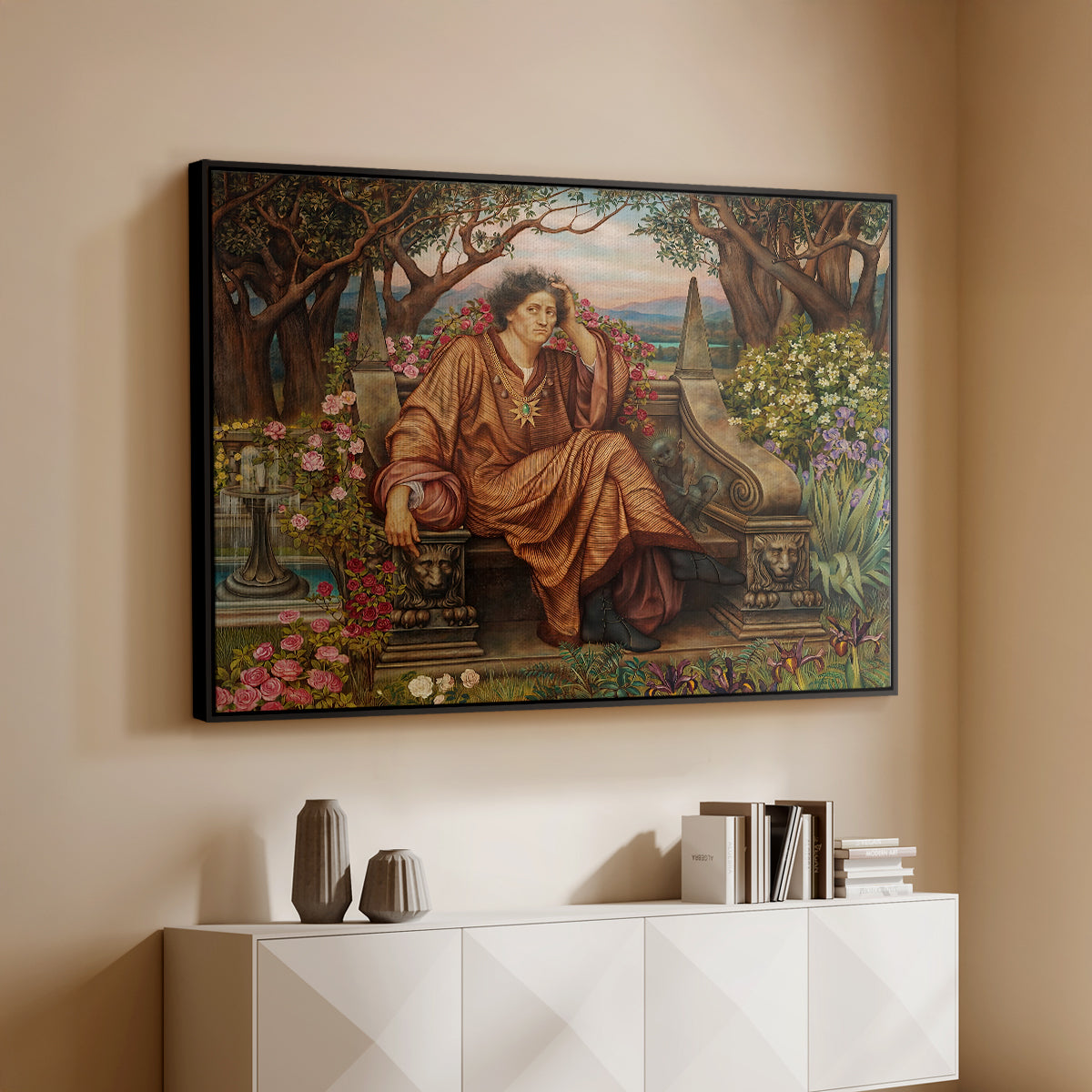 Black floater framed canvas of A Soul in Hell, c. 1901-1902 by Evelyn De Morgan, featuring a dramatic allegory of suffering with figure engulfed in fiery environment above a console cabinet in a minimalist entryway.