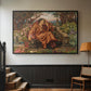 Black floater framed canvas featuring an emotional scene representing torment and spiritual struggle, displayed in a hallway near a staircase.