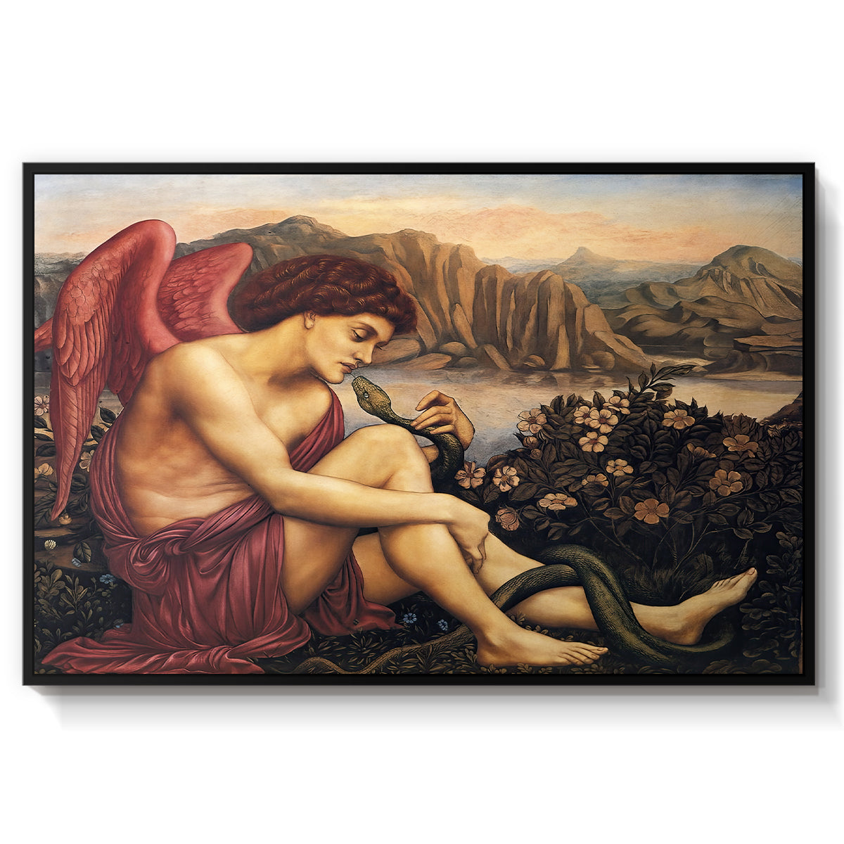 The Angel with the Serpent, c. 1870-1875 by Evelyn De Morgan in a black floater framed canvas wall art display.