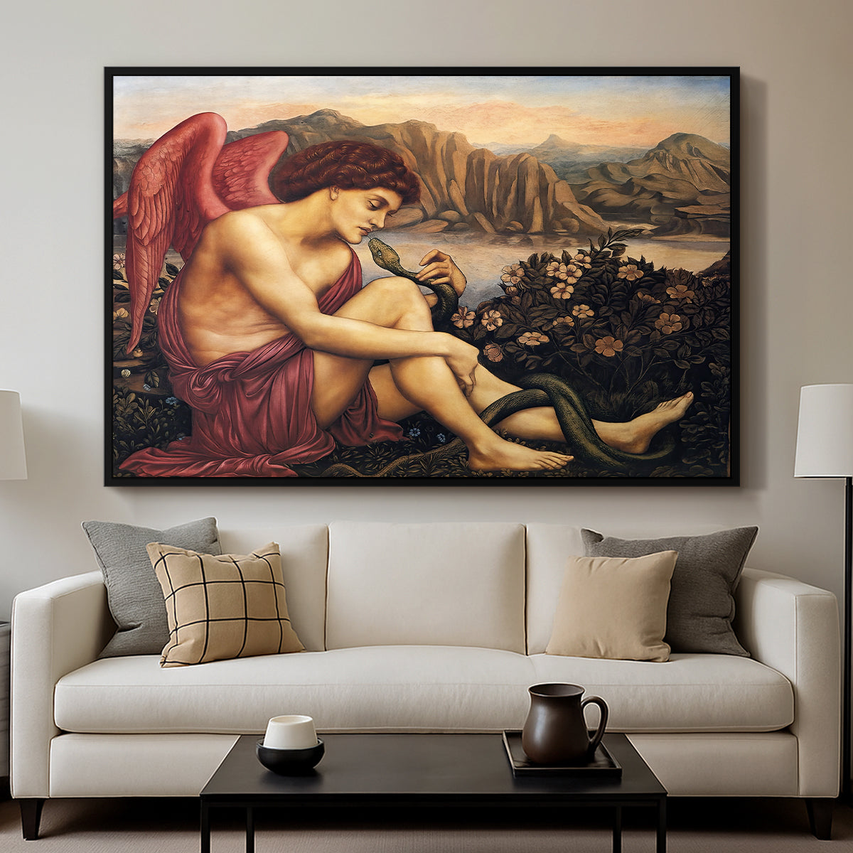 The Angel with the Serpent, c. 1870-1875 by Evelyn De Morgan displayed in a black floater framed canvas above a sofa in a clean living room.