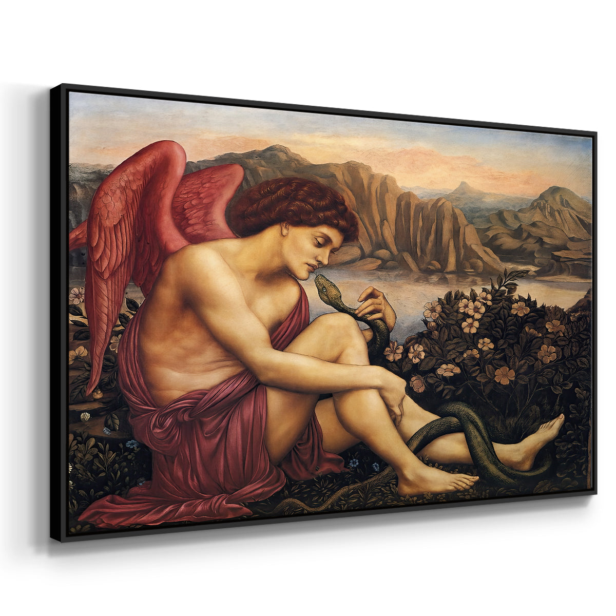 Angled view of The Angel with the Serpent, c. 1870-1875 by Evelyn De Morgan in a black floater framed canvas.