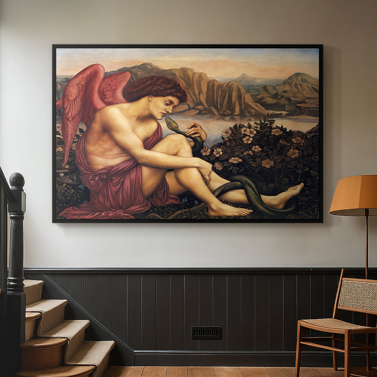 Black floater framed canvas featuring a symbolic imagery of purity overcoming evil forces, displayed in a hallway near a staircase.