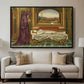 The Wandering Jew: Whom the Gods Love Die Young, 1888 by Evelyn De Morgan displayed in a black floater framed canvas above a sofa in a clean living room.