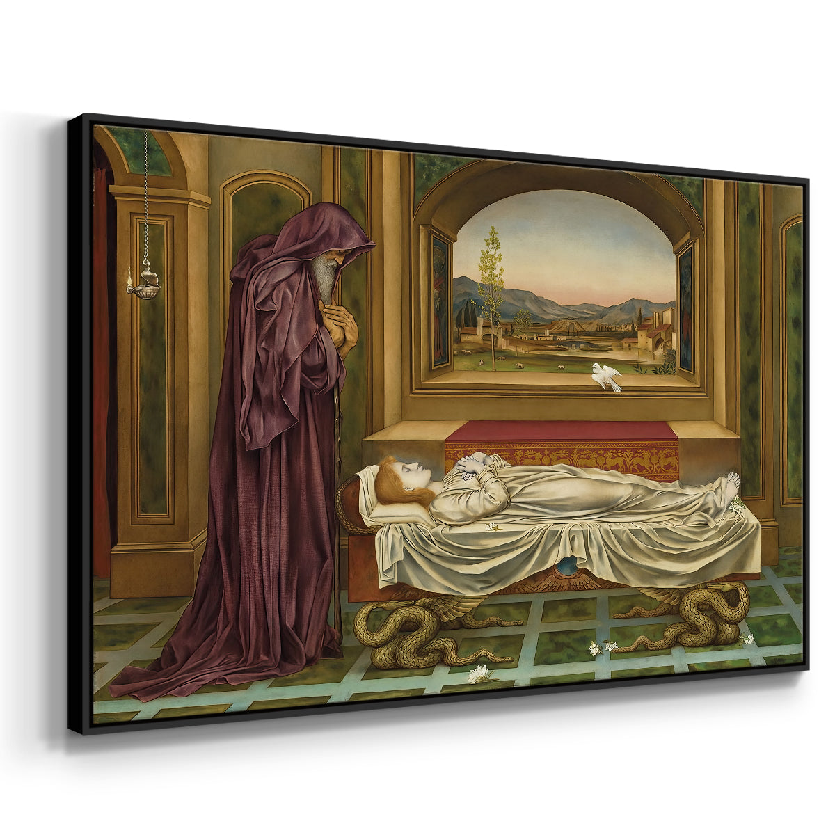 Angled view of The Wandering Jew: Whom the Gods Love Die Young, 1888 by Evelyn De Morgan in a black floater framed canvas.