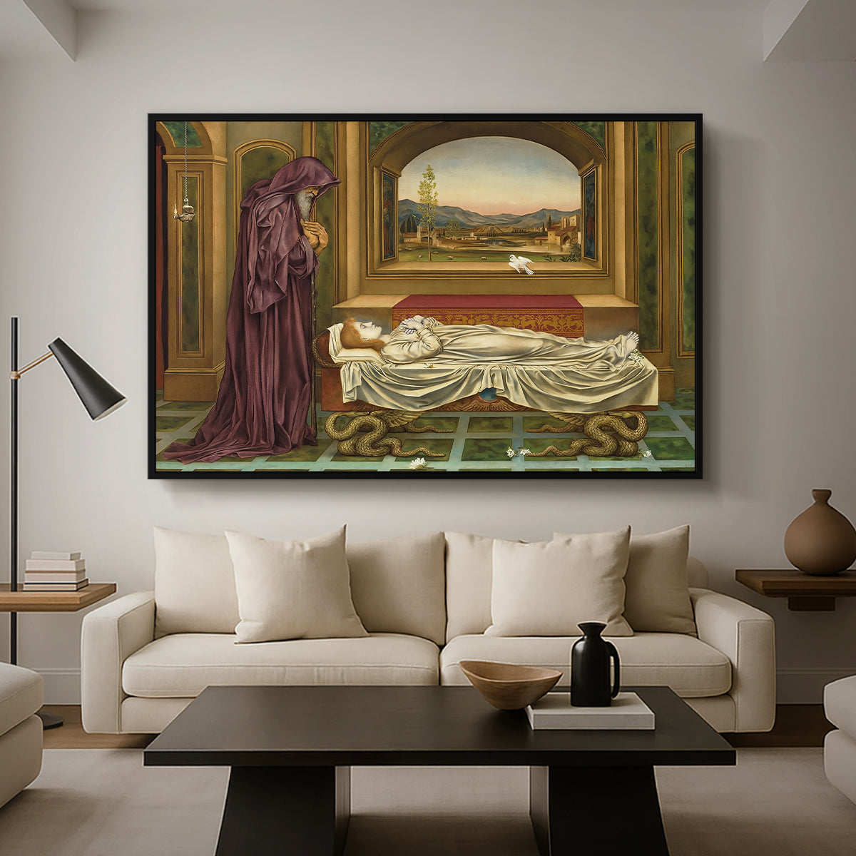 The Wandering Jew: Whom the Gods Love Die Young, 1888 by Evelyn De Morgan as a black floater framed canvas featuring a solitary figure standing in interior space with contemplative expression, displayed above a sofa in a modern living room.