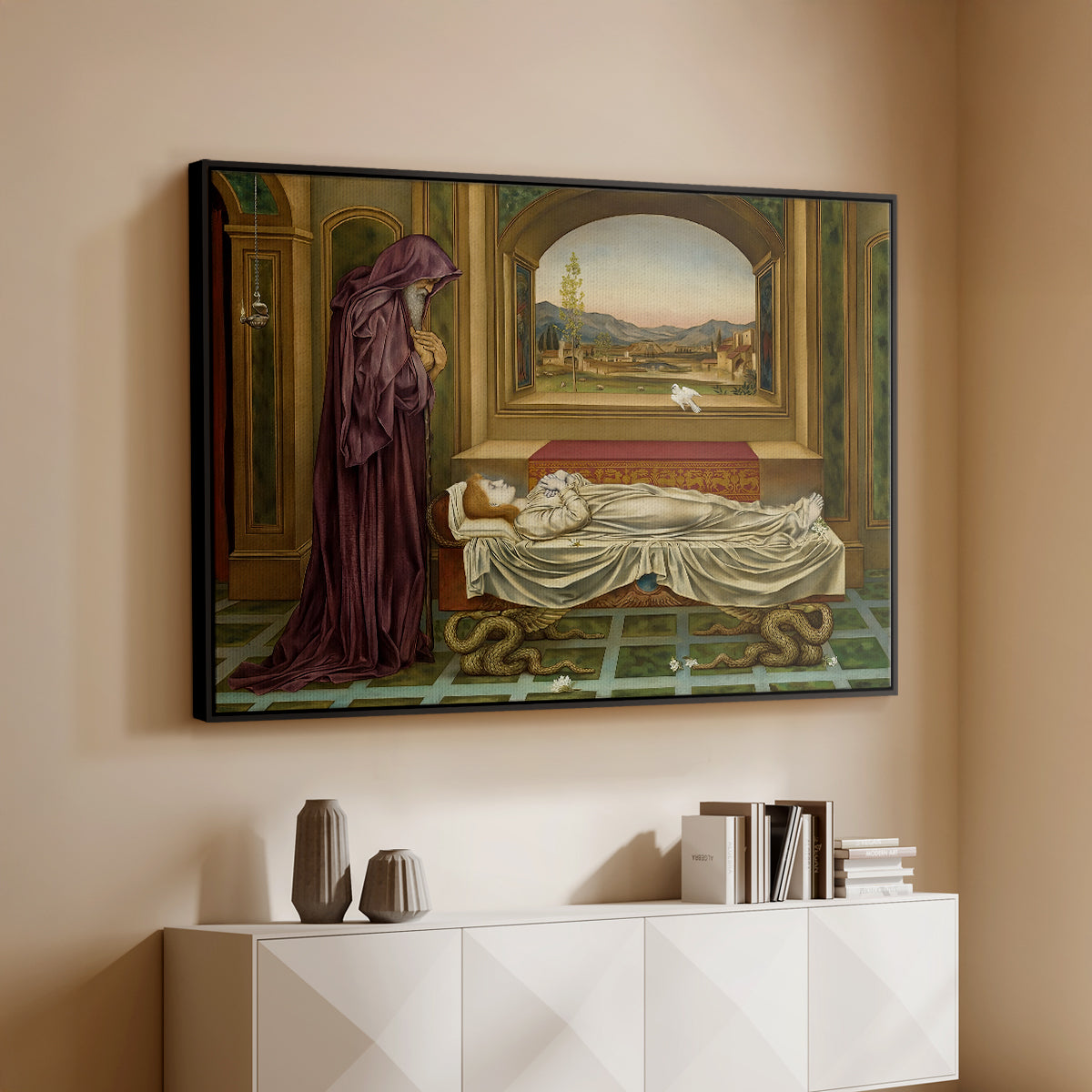 Black floater framed canvas of The Wandering Jew: Whom the Gods Love Die Young, 1888 by Evelyn De Morgan, featuring a symbolic portrait of wandering figure in quiet architectural setting above a console cabinet in a minimalist entryway.