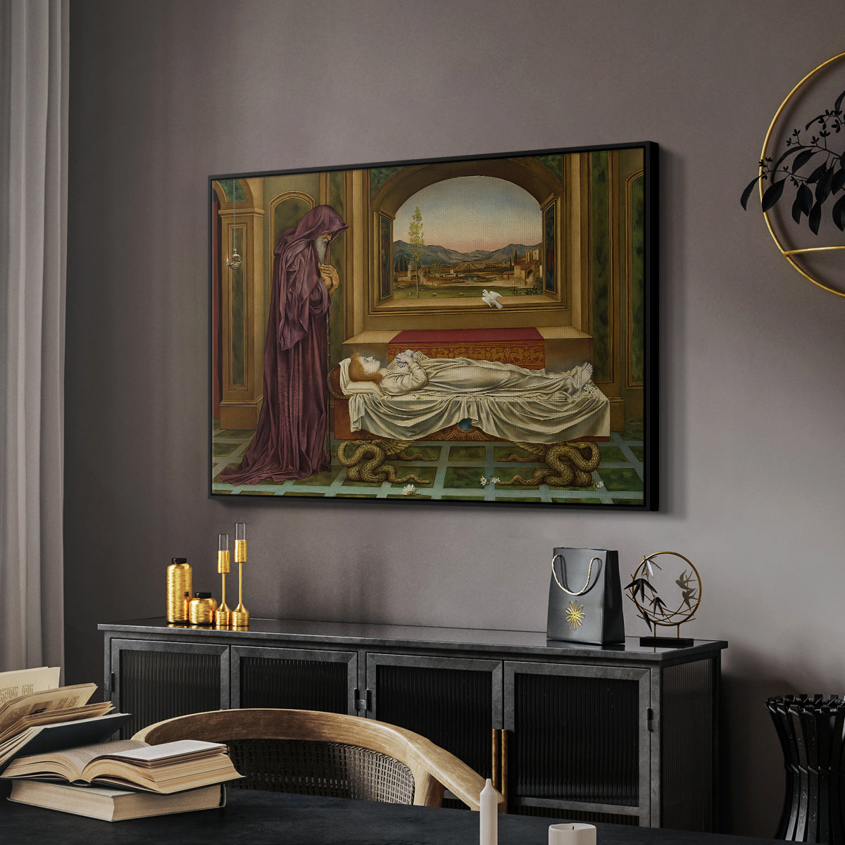 The Wandering Jew: Whom the Gods Love Die Young, 1888 by Evelyn De Morgan in a black floater framed canvas featuring an introspective scene with lone figure framed by interior elements, displayed above a desk in a dark home office interior.