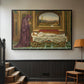 Black floater framed canvas featuring a narrative composition with figure paused in reflective moment, displayed in a hallway near a staircase.