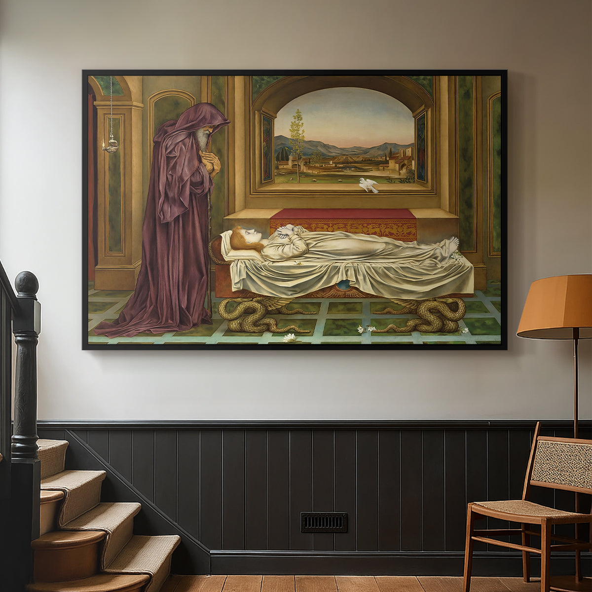 Black floater framed canvas featuring a narrative composition with figure paused in reflective moment, displayed in a hallway near a staircase.