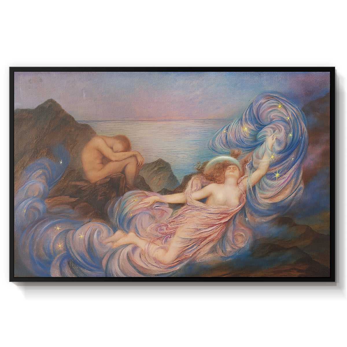 Twilight, 1914 by Evelyn De Morgan in a black floater framed canvas wall art display.