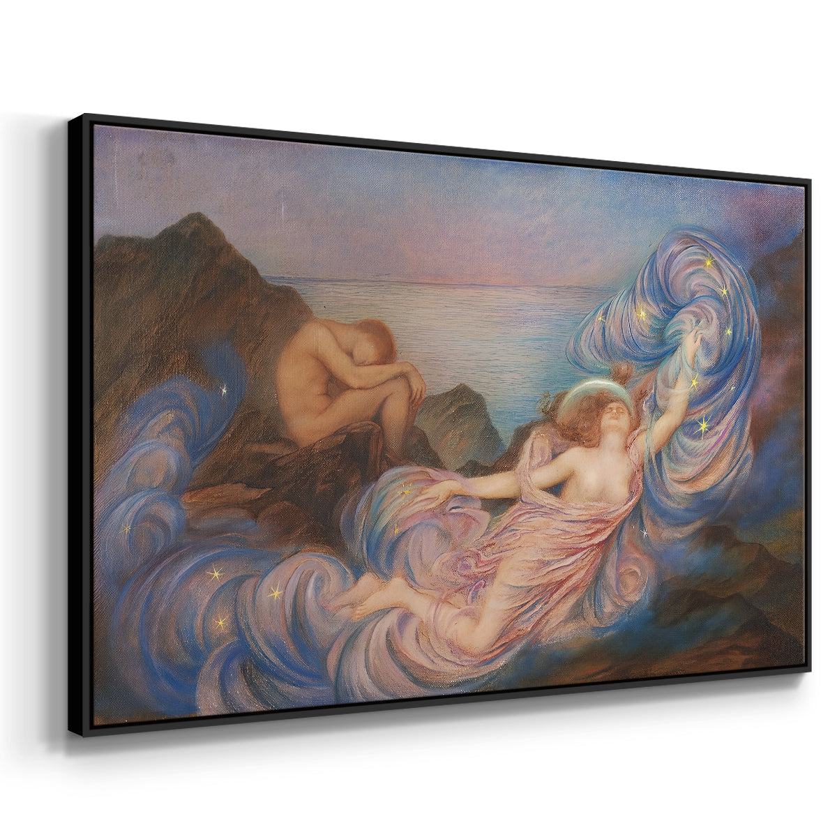 Angled view of Twilight, 1914 by Evelyn De Morgan in a black floater framed canvas.